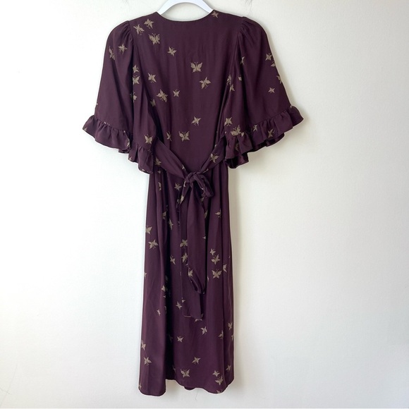 Vintage Betsey Johnson Plum Butterfly Print Ruffle Silk Midi Dress - Picture 9 of 14